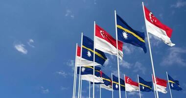 Nauru and Singapore Flags Waving Together in the Sky, Seamless Loop in Wind, Space on Left Side for Design or Information, 3D Rendering video