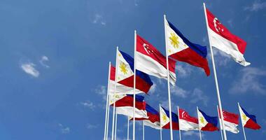 Philippines and Singapore Flags Waving Together in the Sky, Seamless Loop in Wind, Space on Left Side for Design or Information, 3D Rendering video