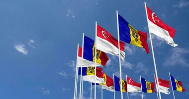 Moldova and Singapore Flags Waving Together in the Sky, Seamless Loop in Wind, Space on Left Side for Design or Information, 3D Rendering video