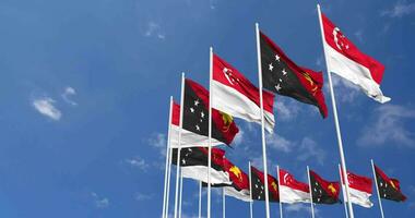 Papua New Guinea and Singapore Flags Waving Together in the Sky, Seamless Loop in Wind, Space on Left Side for Design or Information, 3D Rendering video