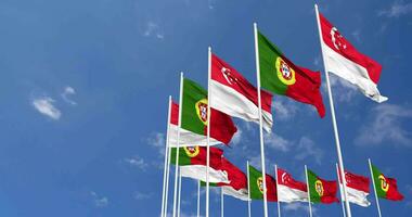 Portugal and Singapore Flags Waving Together in the Sky, Seamless Loop in Wind, Space on Left Side for Design or Information, 3D Rendering video