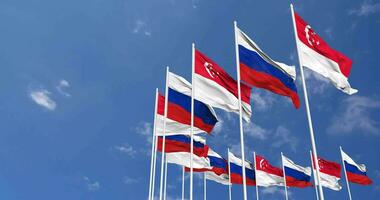 Russia and Singapore Flags Waving Together in the Sky, Seamless Loop in Wind, Space on Left Side for Design or Information, 3D Rendering video