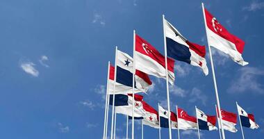 Panama and Singapore Flags Waving Together in the Sky, Seamless Loop in Wind, Space on Left Side for Design or Information, 3D Rendering video