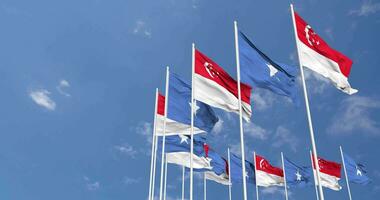 Somalia and Singapore Flags Waving Together in the Sky, Seamless Loop in Wind, Space on Left Side for Design or Information, 3D Rendering video