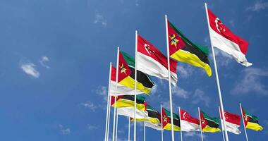 Mozambique and Singapore Flags Waving Together in the Sky, Seamless Loop in Wind, Space on Left Side for Design or Information, 3D Rendering video