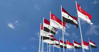 Syria and Singapore Flags Waving Together in the Sky, Seamless Loop in Wind, Space on Left Side for Design or Information, 3D Rendering video