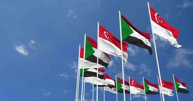 Sudan and Singapore Flags Waving Together in the Sky, Seamless Loop in Wind, Space on Left Side for Design or Information, 3D Rendering video
