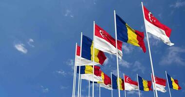 Romania and Singapore Flags Waving Together in the Sky, Seamless Loop in Wind, Space on Left Side for Design or Information, 3D Rendering video