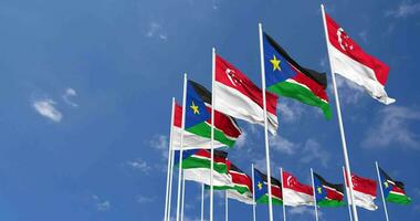 South Sudan and Singapore Flags Waving Together in the Sky, Seamless Loop in Wind, Space on Left Side for Design or Information, 3D Rendering video