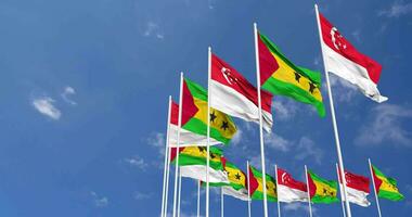 Sao Tome and Principe and Singapore Flags Waving Together in the Sky, Seamless Loop in Wind, Space on Left Side for Design or Information, 3D Rendering video