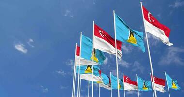 Saint Lucia and Singapore Flags Waving Together in the Sky, Seamless Loop in Wind, Space on Left Side for Design or Information, 3D Rendering video