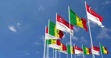 Senegal and Singapore Flags Waving Together in the Sky, Seamless Loop in Wind, Space on Left Side for Design or Information, 3D Rendering video