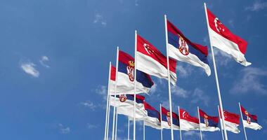 Serbia and Singapore Flags Waving Together in the Sky, Seamless Loop in Wind, Space on Left Side for Design or Information, 3D Rendering video