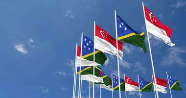 Solomon Islands and Singapore Flags Waving Together in the Sky, Seamless Loop in Wind, Space on Left Side for Design or Information, 3D Rendering video