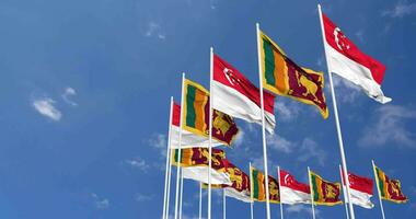 Sri Lanka and Singapore Flags Waving Together in the Sky, Seamless Loop in Wind, Space on Left Side for Design or Information, 3D Rendering video