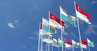 San Marino and Singapore Flags Waving Together in the Sky, Seamless Loop in Wind, Space on Left Side for Design or Information, 3D Rendering video