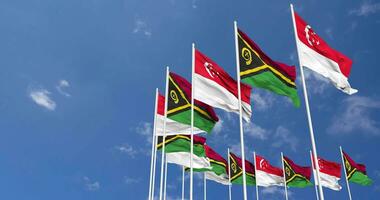Vanuatu and Singapore Flags Waving Together in the Sky, Seamless Loop in Wind, Space on Left Side for Design or Information, 3D Rendering video