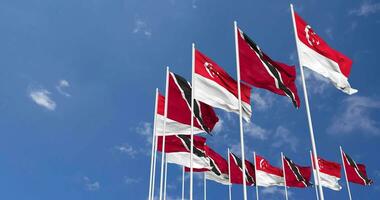 trinidad e tobago e Singapore bandiere agitando insieme nel il cielo, senza soluzione di continuità ciclo continuo nel vento, spazio su sinistra lato per design o informazione, 3d interpretazione video