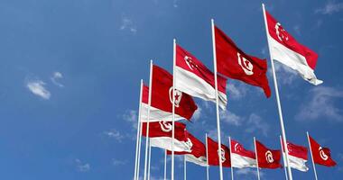 Tunisie et Singapour drapeaux agitant ensemble dans le ciel, sans couture boucle dans vent, espace sur la gauche côté pour conception ou information, 3d le rendu video