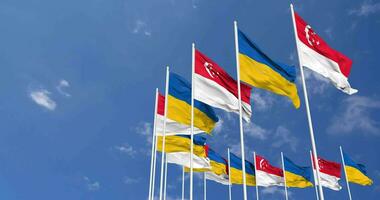 Ukraine and Singapore Flags Waving Together in the Sky, Seamless Loop in Wind, Space on Left Side for Design or Information, 3D Rendering video