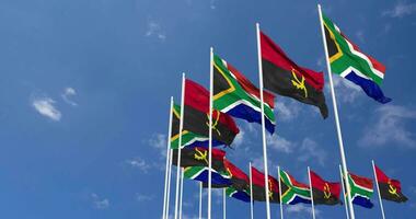 Angola and South Africa Flags Waving Together in the Sky, Seamless Loop in Wind, Space on Left Side for Design or Information, 3D Rendering video