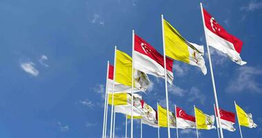 Vatican City and Singapore Flags Waving Together in the Sky, Seamless Loop in Wind, Space on Left Side for Design or Information, 3D Rendering video