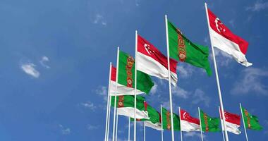 Turkmenistan and Singapore Flags Waving Together in the Sky, Seamless Loop in Wind, Space on Left Side for Design or Information, 3D Rendering video