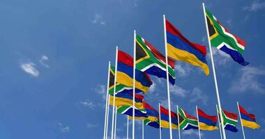 Armenia and South Africa Flags Waving Together in the Sky, Seamless Loop in Wind, Space on Left Side for Design or Information, 3D Rendering video