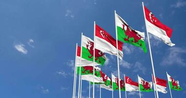 Wales and Singapore Flags Waving Together in the Sky, Seamless Loop in Wind, Space on Left Side for Design or Information, 3D Rendering video