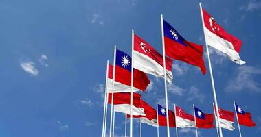 Taiwan and Singapore Flags Waving Together in the Sky, Seamless Loop in Wind, Space on Left Side for Design or Information, 3D Rendering video