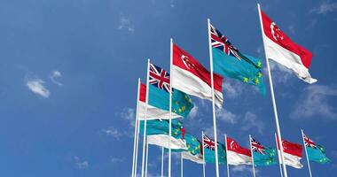 Tuvalu and Singapore Flags Waving Together in the Sky, Seamless Loop in Wind, Space on Left Side for Design or Information, 3D Rendering video