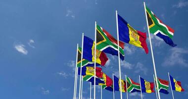 Andorra and South Africa Flags Waving Together in the Sky, Seamless Loop in Wind, Space on Left Side for Design or Information, 3D Rendering video