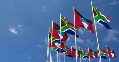 antigua e barbuda e Sud Africa bandiere agitando insieme nel il cielo, senza soluzione di continuità ciclo continuo nel vento, spazio su sinistra lato per design o informazione, 3d interpretazione video