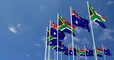 Australia and South Africa Flags Waving Together in the Sky, Seamless Loop in Wind, Space on Left Side for Design or Information, 3D Rendering video