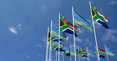 Aruba and South Africa Flags Waving Together in the Sky, Seamless Loop in Wind, Space on Left Side for Design or Information, 3D Rendering video