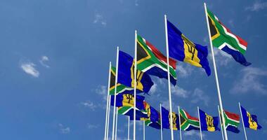 Barbados and South Africa Flags Waving Together in the Sky, Seamless Loop in Wind, Space on Left Side for Design or Information, 3D Rendering video