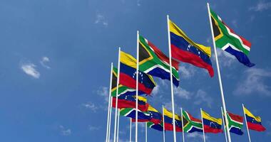 Bolivarian Republic of Venezuela and South Africa Flags Waving Together in the Sky, Seamless Loop in Wind, Space on Left Side for Design or Information, 3D Rendering video