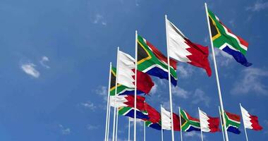 Bahrain and South Africa Flags Waving Together in the Sky, Seamless Loop in Wind, Space on Left Side for Design or Information, 3D Rendering video