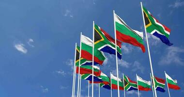 Bulgaria and South Africa Flags Waving Together in the Sky, Seamless Loop in Wind, Space on Left Side for Design or Information, 3D Rendering video