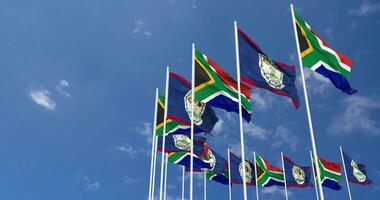 belize och söder afrika flaggor vinka tillsammans i de himmel, sömlös slinga i vind, Plats på vänster sida för design eller information, 3d tolkning video