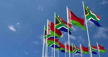 Belarus and South Africa Flags Waving Together in the Sky, Seamless Loop in Wind, Space on Left Side for Design or Information, 3D Rendering video