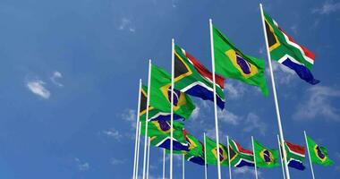 Brazil and South Africa Flags Waving Together in the Sky, Seamless Loop in Wind, Space on Left Side for Design or Information, 3D Rendering video