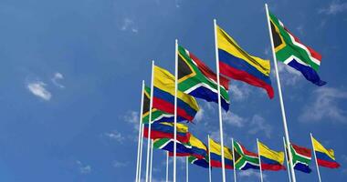 Colombia and South Africa Flags Waving Together in the Sky, Seamless Loop in Wind, Space on Left Side for Design or Information, 3D Rendering video