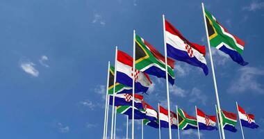 Croácia e sul África bandeiras acenando juntos dentro a céu, desatado ciclo dentro vento, espaço em esquerda lado para Projeto ou Informação, 3d Renderização video
