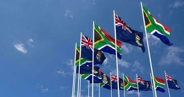 Cayman Islands and South Africa Flags Waving Together in the Sky, Seamless Loop in Wind, Space on Left Side for Design or Information, 3D Rendering video