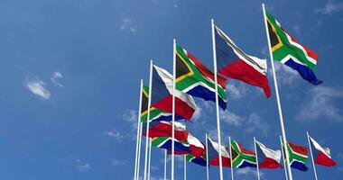 Czech Republic and South Africa Flags Waving Together in the Sky, Seamless Loop in Wind, Space on Left Side for Design or Information, 3D Rendering video