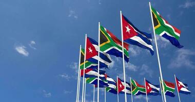 kuba och söder afrika flaggor vinka tillsammans i de himmel, sömlös slinga i vind, Plats på vänster sida för design eller information, 3d tolkning video