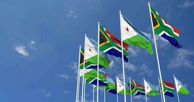 Djibouti and South Africa Flags Waving Together in the Sky, Seamless Loop in Wind, Space on Left Side for Design or Information, 3D Rendering video