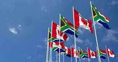 Canada and South Africa Flags Waving Together in the Sky, Seamless Loop in Wind, Space on Left Side for Design or Information, 3D Rendering video