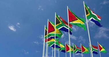 Guyana and South Africa Flags Waving Together in the Sky, Seamless Loop in Wind, Space on Left Side for Design or Information, 3D Rendering video